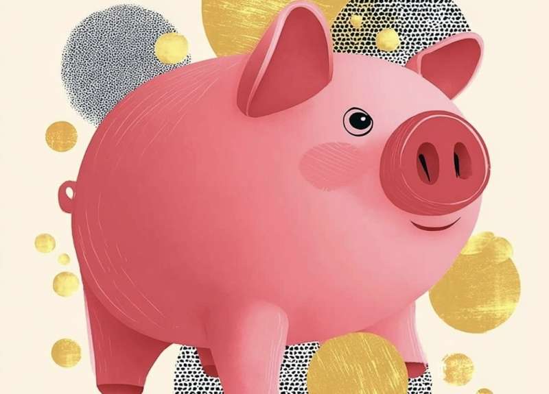 Een roze spaarvarken met gouden muntjes 